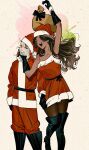  2girls bare_shoulders braid brown_hair capelet christmas christmas_present dark-skinned_female dark_skin dress fake_beard fake_facial_hair fur-trimmed_capelet fur-trimmed_dress fur-trimmed_headwear fur_trim gift gloves hat highres long_hair multiple_girls off-shoulder_dress off_shoulder original pankepen red_dress red_hair red_hat sack santa_costume santa_dress santa_hat smile thighhighs twin_braids very_long_hair 