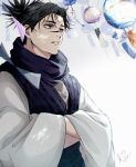  1boy black_hair brown_eyes choso_(jujutsu_kaisen) commentary_request facial_mark furin_(bell) highres jujutsu_kaisen long_sleeves renonorakugaki simple_background solo white_background wind_chime 