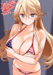  1girl american_flag american_flag_bikini american_flag_print bikini blonde_hair blue_eyes breasts character_name cleavage collarbone commentary_request covering_breasts covering_privates cowboy_shot dated engo_(aquawatery) flag_print flag_print_bikini iowa_(kancolle) kantai_collection large_breasts long_hair looking_at_viewer one-hour_drawing_challenge print_bikini signature solo star-shaped_pupils star_(symbol) swimsuit symbol-shaped_pupils 
