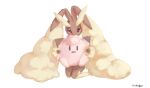  1girl animal_ears artist_name body_fur brown_fur character_doll clefairy commentary doll full_body furry furry_female hands_up highres holding holding_doll kneeling knees_together_feet_apart kurageeeee10 looking_at_viewer lopunny poke_doll pokemon pokemon_(creature) rabbit_ears rabbit_girl red_eyes signature simple_background solo stuffed_animal stuffed_toy two-tone_fur white_background yellow_fur 