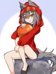  1girl animal_ears arknights black_one-piece_swimsuit black_sandals chikuwaneko commentary_request ears_through_hood foot_out_of_frame frown hair_between_eyes highres hood hood_up hooded_jacket jacket knee_up looking_at_viewer medium_hair official_alternate_costume on_rock one-hour_drawing_challenge one-piece_swimsuit projekt_red_(arknights) projekt_red_(light_breeze)_(arknights) red_jacket sandals simple_background sitting solo swimsuit tail v-shaped_eyebrows white_background wolf_ears wolf_girl wolf_tail yellow_eyes 