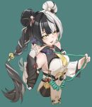  1girl absurdres bare_shoulders black_hair braid braided_twintails breasts chinese_clothes commentary_request corded_phone cropped_torso detached_sleeves dialyn_(zenless_zone_zero) dress green_background hair_extensions hair_ornament hairclip highres holding holding_phone long_hair looking_at_viewer multicolored_hair necktie open_mouth orangeponzu panda_hair_ornament phone qipao ring_hair_extensions shaka_sign sideboob small_breasts solo split-color_hair white_dress white_hair yellow_eyes yellow_necktie zenless_zone_zero 