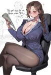  1girl 2boys absurdres braid braided_ponytail breasts brown_pantyhose business_suit chair covered_nipples crossed_legs english_commentary hands_up highres jacket low_ponytail mole mole_under_mouth multiple_boys office_lady original pantyhose pilgrim_0909 ponytail sitting skirt skirt_suit solo_focus suit suit_jacket white_background 