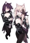  2girls :d absurdres alternate_costume animal_ears arknights arm_under_breasts black_bow black_bowtie black_leotard black_pantyhose blush bow bowtie breasts brown_streaks cardigan_(arknights) cat_ears cat_girl cat_tail cleavage collar commentary detached_collar dog_ears dog_girl dog_tail embarrassed genieko hand_up highres leotard long_hair long_sleeves looking_at_viewer medium_breasts melantha_(arknights) multicolored_hair multiple_girls open_mouth pantyhose pink_hair playboy_bunny purple_eyes purple_hair red_eyes shrug_(clothing) small_breasts smile strapless strapless_leotard streaked_hair tail v white_collar 