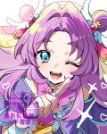  1girl :d ;d akechi_anna blue_eyes bow bowtie capelet commentary cure_answer double_bun fingerless_gloves gloves hair_bun hair_intakes hair_ornament heart heart_in_eye highres index_finger_raised long_hair looking_at_viewer magical_girl meitantei_precure! ninahachi one_eye_closed open_mouth parted_bangs pink_bow pink_bowtie precure purple_capelet purple_hair purple_ribbon ribbon smile solo symbol_in_eye upper_body white_gloves wing_hair_ornament wrist_ribbon 