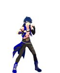  1boy ahoge belt black_belt black_pants blue_eyes blue_footwear blue_hair clenched_hands full_body highres idolmaster idolmaster_side-m jewelry male_focus navel necklace official_alternate_costume official_art open_clothes open_mouth pants shoes solo taiga_takeru teeth transparent_background 