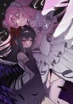  2girls akemi_homura akuma_homura angel_wings backless_dress backless_outfit bare_shoulders black_dress black_feathers black_gloves black_hair black_wings blush bow choker closed_eyes commentary_request dress elbow_gloves feathered_wings feathers frilled_dress frills gem gloves hair_bow highres hin_chan1101 hug kaname_madoka long_hair magical_girl mahou_shoujo_madoka_magica mahou_shoujo_madoka_magica:_hangyaku_no_monogatari multiple_girls pink_gem pink_hair pink_thighhighs purple_eyes red_bow smile soul_gem_(madoka_magica) sparkle tearing_up tears thighhighs two_side_up ultimate_madoka white_bow white_choker white_dress white_wings wings 
