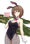  1girl 2023 animal_ears bangs black_leotard blush bow bowtie breasts brown_eyes brown_hair chinese_zodiac closed_mouth collar commentary cowboy_shot detached_collar fake_animal_ears fishnet_pantyhose fishnets girls_und_panzer gloves grey_pantyhose half-closed_eyes hand_on_own_chest leotard looking_at_viewer medium_breasts nasunael new_year nishizumi_maho pantyhose playboy_bunny purple_bow purple_bowtie rabbit_ears short_hair side-tie_leotard smile solo standing strapless strapless_leotard sweatdrop white_background white_collar white_gloves wing_collar year_of_the_rabbit 