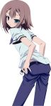  1boy aqua_eyes baka_to_test_to_shoukanjuu belt black_belt blue_necktie blue_pants blush brown_hair chikuson clothes_pull commentary_request cowboy_shot derivative_work double-parted_bangs from_behind hair_between_eyes hair_ornament hairclip kinoshita_hideyoshi leaning_back looking_at_viewer looking_back male_focus medium_hair midriff_peek multiple_hairclips necktie open_belt pants pants_pull parted_lips shirt short_sleeves sidelocks simple_background solo standing transparent_background trap undressing vector_trace white_shirt 