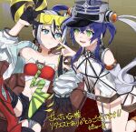  2girls absurdres bare_shoulders black_hair blue_eyes blue_hair blush breasts cheek_poking closed_mouth commentary_request detached_sleeves dress duel_monster green_eyes hair_between_eyes hat highres kewl_tune_cue kewl_tune_reco long_hair looking_at_another multicolored_hair multiple_girls navel open_mouth pinyata_(pinyaland) poking see-through_clothes see-through_dress shako_cap small_breasts smile stomach strapless twintails twitter_username white_hair yu-gi-oh! yuri 
