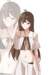  00nyak 1girl ahoge armpit_crease armpit_peek armpits bare_arms bare_shoulders bikini black_bikini breasts brown_eyes brown_hair commentary_request hand_in_own_hair highres hod_(project_moon) korean_commentary library_of_ruina light_blush light_smile long_hair looking_to_the_side navel nervous project_moon simple_background skirt small_breasts swimsuit white_background 