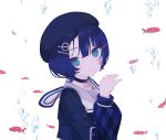  1girl absurdres air_bubble bandaid bandaid_on_cheek bandaid_on_face beret black_choker black_hat black_shirt blue_eyes blue_hair blue_sleeves blush bubble choker closed_mouth commentary_request daisi_gi fingernails fish from_side hair_ornament hairclip hand_up hat head_tilt highres kamitsubaki_studio layered_sleeves long_sleeves looking_at_viewer looking_to_the_side parted_bangs plaid_clothes plaid_sleeves sailor_collar shirt short_hair short_over_long_sleeves short_sleeves simple_background sinsekai_record smile solo sooda_(sinsekai) turning_head upper_body virtual_youtuber white_background white_sailor_collar 
