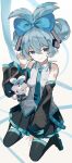  1girl bad_id bad_twitter_id cinnamiku cinnamoroll cosplay detached_sleeves drill_hair hatsune_miku hatsune_miku_(cosplay) highres looking_at_viewer necktie pleated_skirt sanrio sashimi_(sakananono) sitting skirt smile thighhighs toy vocaloid watermark white_background 