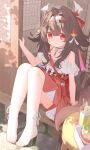  1girl :o absurdres bare_shoulders blunt_bangs blush brown_hair chinese_commentary choker commentary_request cup double-parted_bangs drink drinking_glass frilled_choker frills full_body hair_between_eyes hair_intakes high-waist_skirt highres long_hair ningmeng_jing_jing_jing_jing no_shoes off-shoulder_shirt off_shoulder open_mouth outdoors red_choker red_eyes red_skirt shirt sitting skirt socks solo tail very_long_hair white_shirt white_socks ye_shunguang zenless_zone_zero 