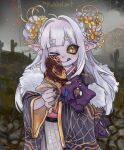  1girl alternate_costume black_nails black_sclera blue_tongue blunt_bangs blush braid cactus cloud cloudy_sky colored_sclera colored_skin colored_tongue commentary cowboy_shot creature desert double_bun dry_grass dust_cloud english_commentary flower food fur-trimmed_kimono fur_trim girutea gold_trim grey_skin hair_bun hair_flower hair_ornament holding holding_creature holding_ice_cream_cone ice_cream ice_cream_cone indie_virtual_youtuber japanese_clothes kimono koomers_(kumo_kuddelmuddel) kumo_kuddelmuddel napkin obi one_eye_closed outdoors pink_sash plant pointy_ears purple_kimono radio_tower sash sentient_stuffed_toy short_eyebrows side_braids sky solo spider_lily spider_web_print stitched_face stitches thick_eyebrows tongue tongue_out two_side_up virtual_youtuber white_hair yellow_eyes 