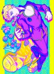  1boy 1other aqua_eyes blonde_hair bracelet braid braided_ponytail cleavage_cutout clothing_cutout colored_skin commentary compound_eyes earrings english_commentary flower full_body giorno_giovanna gold_experience gold_skin high_collar highres jacket jewelry jojo_no_kimyou_na_bouken ladybug_brooch ladybug_ornament long_sleeves male_focus muajtm pants pectoral_cleavage pectorals pink_flower purple_eyes purple_jacket purple_pants purple_shoes shoes single_braid stand_(jojo) stud_earrings vento_aureo victory_rolls wing_ornament yellow_skin 
