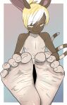  5_fingers 5_toes absurd_res animal_humanoid anthro barefoot big_ears biped blonde_hair bottomwear brown_body caramel_(pawfeather) clothed clothing feet fingers foot_fetish foot_focus girly hair hand_on_foot hi_res humanoid humanoid_feet humanoid_hands looking_at_viewer male mammal mammal_humanoid markings nipples pants pawfeather plantigrade simple_background sitting smile smirk smirking_at_viewer soles solo striped_markings striped_tail stripes tail tail_markings toes topless topless_anthro topless_male wrinkled_feet yellow_eyes 