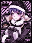  2boys :3 :d ^_^ ace_trappola ace_trappola_(nightmare_courier) aegyo_sal bad_id bad_twitter_id beanie black_background black_eyeshadow black_gloves black_hat black_jacket black_outline blue_eyes blue_hair blush box chibi chibi_inset choppy_bangs closed_eyes coat commentary_request deuce_spade deuce_spade_(nightmare_courier) diagonal-striped_background eyeshadow facial_mark fur-trimmed_coat fur-trimmed_headwear fur_trim gift gift_box gloves halftone hat heart heart_facial_mark highres holding holding_gift jacket looking_at_viewer lost_in_the_book_with_tim_burton's_the_nightmare_before_christmas makeup male_focus mpz77 multiple_boys mystical_high_collar notice_lines orange_hair outer_glow outline pale_skin parted_bangs patchwork_clothes pink_background pink_outline polka_dot polka_dot_background print_jacket santa_hat short_hair sideways_glance smile solo_focus spade_(shape) spade_facial_mark sparkle striped_background sweater turtleneck turtleneck_sweater twisted_wonderland two-sided_fabric upper_body v-shaped_eyebrows very_short_hair white_outline 