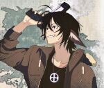  1girl abstract_background animal_ears artist_name black_hair black_shirt cross cross_necklace dithering fang fur-trimmed_hood fur_trim gun hair_between_eyes handgun highres holding holding_gun holding_weapon hood hood_down jacket jewelry looking_to_the_side messy_hair necklace open_clothes open_jacket original parted_bangs shirt short_hair smile solo weapon yonq98 