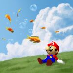  1boy absurdres air_bubble blue_eyes blue_overalls blue_sky brown_hair bubble cloud day facial_hair fish flying_fish gloves goldfish grass hat highres leaning_back looking_up male_focus mario mario_(series) mustache noubodying outdoors overalls reclining red_shirt shirt sitting sky solo super_mario_64 white_gloves 