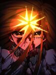  1girl absurdres bare_shoulders bleach bleach:_sennen_kessen-hen blood blood_on_clothes blood_on_face brown_eyes brown_hair commentary erifura eyelashes floating_hair hair_between_eyes halo highres inoue_orihime long_hair long_hair_between_eyes looking_at_viewer shirt shun_shun_rikka solo straight-on torn_clothes torn_shirt underlighting upper_body upturned_eyes white_shirt yellow_halo 
