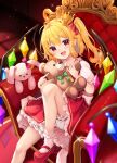  1girl :d ascot blonde_hair bloomers blush bow collared_shirt commentary crown crystal crystal_wings duplicate embodiment_of_scarlet_devil flandre_scarlet frilled_shirt_collar frilled_skirt frills gold_crown hair_bow highres mary_janes multicolored_wings on_throne one_side_up red_bow red_eyes red_shoes red_skirt red_vest ruhika shirt shoes skirt skirt_set smile socks solo stuffed_animal stuffed_rabbit stuffed_toy teddy_bear throne touhou vest white_bloomers white_shirt white_socks wings yellow_ascot 