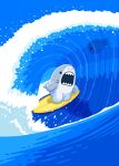  animal arimuramoha blue_sky commentary_request day highres houjiro_(samezu) no_humans official_art open_mouth outdoors samezu seal_(animal) shark sharp_teeth sky surfboard surfing teeth waving 