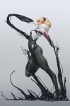  1girl alien arched_back arm_at_side arm_behind_back ass black_hairband blonde_hair bodysuit bound bound_arms bound_legs bound_torso breasts clenched_hand commentary earrings english_commentary eyelashes facing_to_the_side from_side full_body gloves gradient_background grey_background gwen_stacy hairband highres hood hood_down hooded_bodysuit immobilization invisible_floor jee-hyung_lee jewelry knee_up looking_at_another marvel medium_hair multicolored_bodysuit no_mask open_hand outstretched_leg parted_lips profile restrained simple_background slime_(creature) small_breasts spider-gwen spider-man_(series) spider_web_print symbiote western_comics_(style) white_gloves 