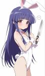  1girl ? animal_ear_hairband animal_ears bare_shoulders blunt_bangs blush bow bowtie closed_mouth commentary cowboy_shot detached_collar fake_animal_ears fishnet_pantyhose fishnets furude_rika hairband highres higurashi_no_naku_koro_ni holding holding_knife knife leotard long_hair niyane pantyhose pink_bow pink_bowtie pink_eyes purple_hair rabbit_ear_hairband rabbit_ears sidelocks simple_background solo spoken_question_mark strapless strapless_leotard untranslatable_commentary very_long_hair white_background white_hairband white_leotard white_pantyhose wrist_cuffs 