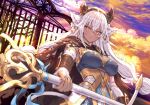  1girl animal_ears black_cape black_horns breasts broken_horn cape closed_mouth commentary cow_ears cow_girl cow_horns cow_tail dark-skinned_female dark_skin fingerless_gloves fire_emblem fire_emblem_heroes frown fuussu_(21-kazin) gloves holding holding_staff horns large_breasts long_hair meliai_(fire_emblem) outdoors sky solo staff tail torn_cape torn_clothes very_long_hair white_hair yellow_eyes 