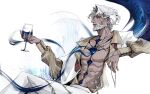  1boy abs beard commentary cup drinking_glass english_commentary facial_hair grey_hair highres male_focus morimens nipples pants pectorals pontos_(morimens) shirt simple_background solo unbuttoned unbuttoned_shirt white_background white_pants white_shirt wine_glass zio_444 