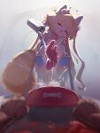  1girl :3 :d ababa_(abb_q) absurdres ahoge alcohol animal_collar animal_ear_fluff animal_ears backlighting bare_shoulders barefoot bleeding blonde_hair blood blurry bone_print bowl can chair clenched_hand collar commentary commission crossed_legs dog_ears dog_girl drink_can energy_drink english_commentary fangs feet fisheye foot_focus from_below gradient_background hair_bun hand_on_own_chin head_tilt highres holding holding_can indie_virtual_youtuber large_tail long_hair looking_at_viewer mesugaki monster_energy on_floor open_mouth panda_girl paw-shaped_pupils pet_bowl pink_eyes pouring pouring_onto_self pov prissy_pandawa raised_eyebrows short_eyebrows simple_background sitting smile smug soles symbol-shaped_pupils tail thick_eyebrows toes very_long_hair virtual_youtuber 