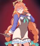  1girl ahoge aqua_neckerchief black_gloves black_leotard blue_archive blue_eyes blue_sailor_collar blue_shrug blush braid breasts commentary_request english_commentary feathered_wings fr_0_ggs frilled_thigh_strap glasses gloves halo head_wings heart heart-shaped_pupils highres holding holding_whip large_breasts leotard long_hair low_twin_braids neckerchief official_alternate_costume official_alternate_hairstyle open_mouth orange_hair partial_commentary sailor_collar semi-rimless_eyewear shimiko_(blue_archive) shimiko_(magical)_(blue_archive) shrug_(clothing) solo symbol-shaped_pupils thigh_strap twin_braids very_long_braid very_long_hair whip wings yellow_halo 