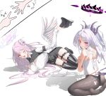  2girls :d ;d absurdres armband ass black_halo black_horns black_panties black_pantyhose black_shrug black_skirt black_thighhighs blue_archive blush breasts camisole commentary_request crossed_arms demon_girl demon_horns demon_wings feathered_wings halo hat highres hina_(blue_archive) horns korean_commentary large_breasts looking_at_viewer low_wings lying mika_(blue_archive) multiple_girls multiple_horns no_shoes on_side one_eye_closed panties pantyhose parted_bangs peaked_cap peanut_mouth pink_hair ponytail purple_eyes purple_halo purple_wings rock_paper_scissors shirt shrug_(clothing) simple_background sitting skin_tight skirt small_breasts smile suysuy taut_clothes taut_skirt thigh_strap thighhighs tight_bottoms torn_clothes torn_pantyhose underwear white_background white_camisole white_hair white_shirt white_wings wings yellow_eyes 