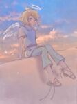  1boy absurdres angel angel_wings antenna_hair arm_support basil_(faraway)_(omori) basil_(omori) blonde_hair blue_eyes blue_sky closed_mouth cloud commentary green_pants halo highres looking_at_viewer male_focus omori pants panyanonidaime sandals short_hair short_sleeves sidelocks sitting sky solo sunset untranslatable_commentary wings 
