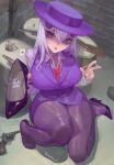  1girl :o absurdres alley artist_name blazer breasts card cigar collared_shirt commentary dot_nose english_commentary gun hair_between_eyes hat high_heels highres jacket large_breasts long_hair long_sleeves looking_at_viewer necktie office_lady original pantyhose pencil_skirt playing_card purple_eyes purple_hat purple_jacket purple_pantyhose purple_shoes purple_skirt red_necktie revolver shirt shoes skirt sleeveless sleeveless_jacket solo toes unworn_shoes weapon white_hair yukiale 