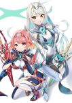  2girls absurdres armpit_crease blue_hair breasts brown_eyes chest_jewel cleavage colored_inner_hair commentary_request fingerless_gloves gloves grey_hair grin highres karasu_mame large_breasts multicolored_hair multiple_girls mythra_(switch_2)_(xenoblade) mythra_(xenoblade) official_alternate_costume on_one_knee pyra_(switch_2)_(xenoblade) pyra_(xenoblade) red_shoes shoes smile standing standing_on_one_leg sword weapon xenoblade_chronicles_(series) xenoblade_chronicles_2 yellow_eyes 