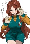  1girl artist_name blush breasts brown_eyes brown_hair commentary_request flying_sweatdrops gloves highres inazuma_eleven inazuma_eleven_(series) large_breasts long_hair looking_at_viewer open_mouth raimon raimon_natsumi raimon_soccer_uniform sakunjak soccer_uniform solo sportswear sweat translation_request twitter_username white_gloves 