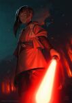  1girl 5health absurdres artist_name brown_hair commentary embers energy_sword fire forest from_below highres holding holding_weapon japanese_clothes jedi lah_kara lightsaber nature night open_mouth outdoors ponytail red_lightsaber side_ponytail signature star_wars star_wars:_visions star_wars:_visions_the_ninth_jedi sword teeth upper_teeth_only weapon 