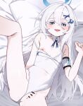  1girl absurdres anus arm_strap bar_censor blue_archive blue_eyes blue_halo blue_ribbon breasts bright_pupils censored clothes_pull colored_eyelashes commentary covered_navel detached_collar green_eyes hair_between_eyes hair_ornament halo highleg highleg_one-piece_swimsuit highres ka_keo leg_up long_hair long_single_sidelock looking_at_viewer lying multicolored_eyes nipples on_back on_bed one-piece_swimsuit one-piece_swimsuit_pull one_breast_out orca_hair_ornament paid_reward_available pussy ribbon sayuri_(blue_archive) small_breasts solo swimsuit white_eyelashes white_hair white_one-piece_swimsuit x_hair_ornament 