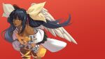  1girl absurdres alternate_color angel_wings asymmetrical_wings bare_shoulders belt black_hair blue_eyes breasts cleavage commentary dark-skinned_female dark_skin detached_collar detached_sleeves dizzy_(guilty_gear) english_commentary guilty_gear guilty_gear_xrd hair_between_eyes hair_rings highres irene_koh large_breasts leaning_forward lips long_hair midriff panties parted_lips red_background red_lips sidelocks simple_background skindentation solo thighhighs thighs twintails underwear wide_sleeves wings yellow_panties yellow_thighhighs 