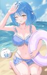  1girl absurdres ahoge barefoot bikini bikini_skirt blue_bikini blue_hair blue_streaks blunt_bangs bow braid breasts choker cleavage commentary_request day elf frilled_bikini frilled_choker frilled_thigh_strap frills hair_bow hair_ornament heart heart_ahoge highres hololive large_breasts looking_at_viewer medium_hair mizoleoekaki multicolored_hair ocean official_alternate_costume official_alternate_hairstyle one_eye_closed open_mouth outdoors pointy_ears side_braids solo streaked_hair swimsuit thigh_strap virtual_youtuber white_bow x_hair_ornament yellow_eyes yukihana_lamy yukihana_lamy_(summer) yukimin_(yukihana_lamy) 