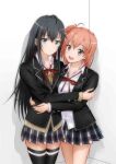  2girls black_hair black_jacket black_thighhighs blazer blue_eyes closed_mouth collared_shirt commentary_request hair_bun hair_ribbon hug jacket long_hair long_sleeves looking_at_viewer medium_hair multiple_girls neck_ribbon open_mouth orange_eyes orange_hair plaid_clothes plaid_skirt pleated_skirt red_ribbon ribbon school_uniform shirt single_hair_bun single_side_bun skirt sobu_high_school_uniform standing thighhighs user_uxdj8782 white_shirt winter_uniform yahari_ore_no_seishun_lovecome_wa_machigatteiru. yuigahama_yui yukinoshita_yukino yuri zettai_ryouiki 