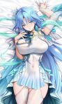  1girl arm_up bed bed_sheet blue_eyes blue_hair blue_horns breasts closed_mouth commentary_request covered_navel curtained_hair dakimakura_(medium) detached_sleeves dress dress_flower earrings fiery_horns flower forehead forehead_tattoo from_above hair_intakes hair_spread_out horns jade_(gemstone) jewelry jg&amp;solin large_breasts long_hair looking_at_viewer lying merchandise_available on_back on_bed print_dress qingxiao_(wuthering_waves) sidelocks solo tattoo thighhighs thighs two-sided_fabric very_long_hair white_dress white_flower white_thighhighs wide_sleeves wuthering_waves 