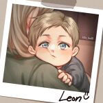  1boy 1girl :t absurdres aged_down artist_name blonde_hair blue_eyes blue_shirt character_name che_sue00 child commentary english_commentary english_text highres leon_s._kennedy looking_at_viewer mother_and_child mother_and_son parent_and_child photo_(object) resident_evil shirt short_hair tape twitter_username 