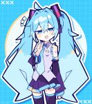  1girl :d ahoge bare_shoulders blue_background blue_eyes blue_hair blue_necktie blush_stickers collared_shirt commentary cowboy_shot detached_sleeves double-parted_bangs drop_shadow fang grey_shirt grid_background hair_between_eyes hair_intakes hand_up hatsune_miku highres index_finger_raised long_hair long_sleeves looking_at_viewer miniskirt necktie notice_lines open_mouth outline pleated_skirt purple_eyes purple_skirt purple_thighhighs shirt sidelocks skin_fang skirt sleeveless sleeveless_shirt smile solo thighhighs twintails very_long_hair vocaloid white_outline wide_sleeves ysaster02 zettai_ryouiki 