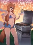  1girl :d aerial_fireworks alternate_costume american_flag american_flag_bikini american_flag_print animal_ear_fluff animal_ears bikini bikini_top_only black-framed_eyewear blue_bikini blue_shorts blunt_bangs breasts brown_hair chest_tattoo cleavage cloud cloudy_sky collarbone commentary commission cooking cowboy_shot curvy denim denim_shorts english_commentary fireworks flag_print flag_print_bikini food fourth_of_july glass_bottle grill grilling hair_tubes hand_on_own_hip hand_up highres holding holding_spatula large_breasts long_hair metal_hair_tubes micro_shorts mocomori multicolored_bikini open_clothes open_fly open_mouth open_shorts orange_sky outdoors print_bikini pubic_hair raccoon_ears raccoon_girl raccoon_tail raphtalia red_bikini sausage shiny_skin shorts sky slave_brand slave_crest_(tate_no_yuusha_no_nariagari) smile solo spatula steak steam steaming_food straight_hair sunglasses swimsuit tail tanuki tate_no_yuusha_no_nariagari tattoo teeth thick_thighs thighs upper_teeth_only white_bikini wide_hips 