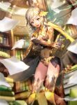  ahoge aozi_seizi bangs blonde_hair bodystocking book covered_navel crossed_arms fire_emblem fire_emblem_cipher fire_emblem_fates highres holding holding_book library long_hair looking_at_viewer open_mouth ophelia_(fire_emblem) swept_bangs thighhighs third-party_edit third-party_source 