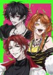  1girl 2boys ahoge azumi_meno bead_necklace beads black_hair black_jacket black_shirt border chain chain_necklace commentary ear_piercing fangs fur-trimmed_jacket fur_trim gold_necklace green_border highres illgator_(paradox_live) jacket jewelry long_sleeves medium_hair multiple_boys neck_piercing neck_tattoo necklace noah_(paradox_live) open_mouth orange_hair paradox_live piercing pink_background red_eyes red_hair shirt short_hair suya_01 tattoo turtleneck untranslatable_commentary white_jacket wolf_cut yellow_eyes yellow_shirt yofune_akito 