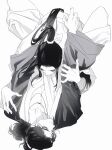  2boys absurdres all_wishes_come_true! arm_wrap black_hair chinese_clothes chinese_commentary closed_eyes closed_mouth coat commentary_request from_above fuyankanrenji442 greyscale hair_bun half_updo hand_on_another's_arm hand_on_another's_shoulder hanfu high_ponytail highres holding_another's_arm hug jewelry long_hair long_sleeves looking_at_another lv_dongbin_(all_wishes_come_true!) lying male_focus monochrome multiple_boys necklace on_back open_clothes open_coat pectoral_cleavage pectorals ponytail robe sash sidelocks simple_background single_hair_bun spread_legs upside-down white_background wide_sleeves yaoi zhongli_quan_(all_wishes_come_true!) 